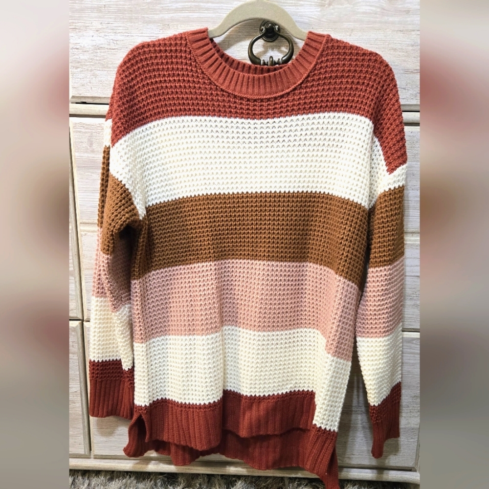 Waffle Crew Neck Striped Knit Sweater Women's Fall Sweaters Cozy Casual Tops